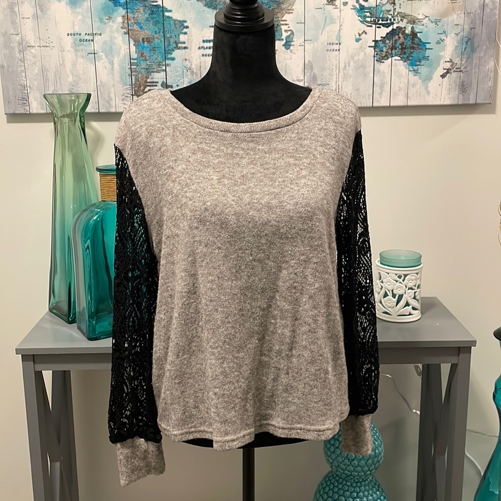 Grey sweater with black lace sleeves. Perfect for winter.